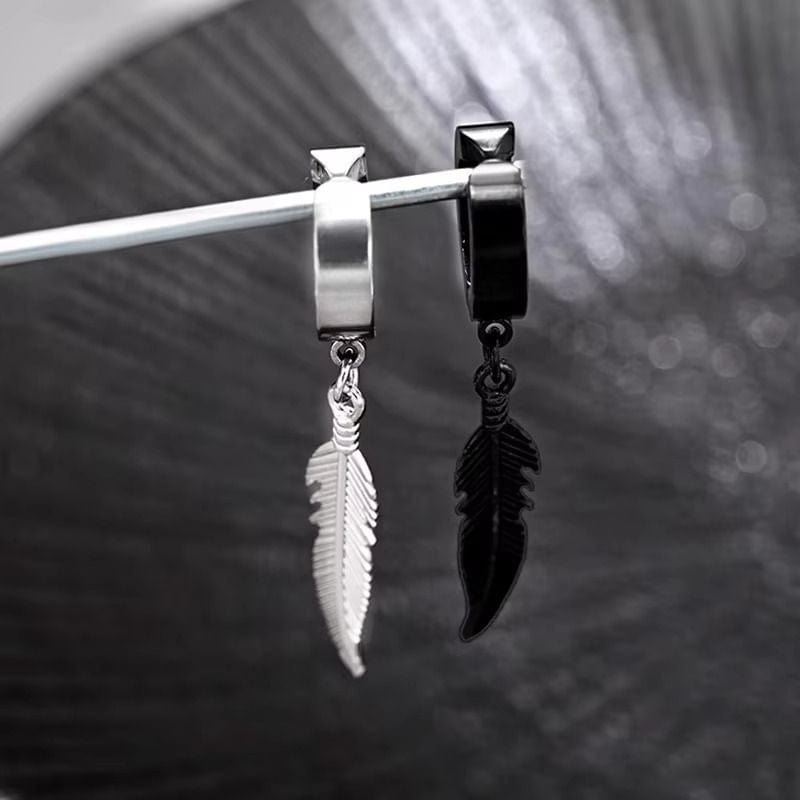 Boucles d'oreilles pendantes en acier inoxydable, modèle plume, coloris noir et argent