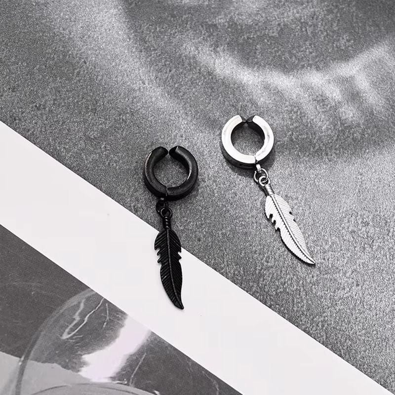 Boucles d'oreilles pendantes en acier inoxydable, modèle plume, coloris noir et argent