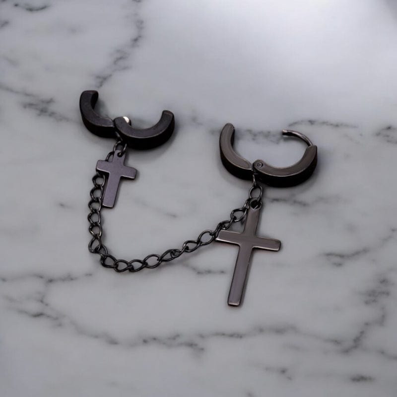 Boucle d'oreille homme noire croix et chaîne – Anneau noir avec croix et chaîne pour un style audacieux