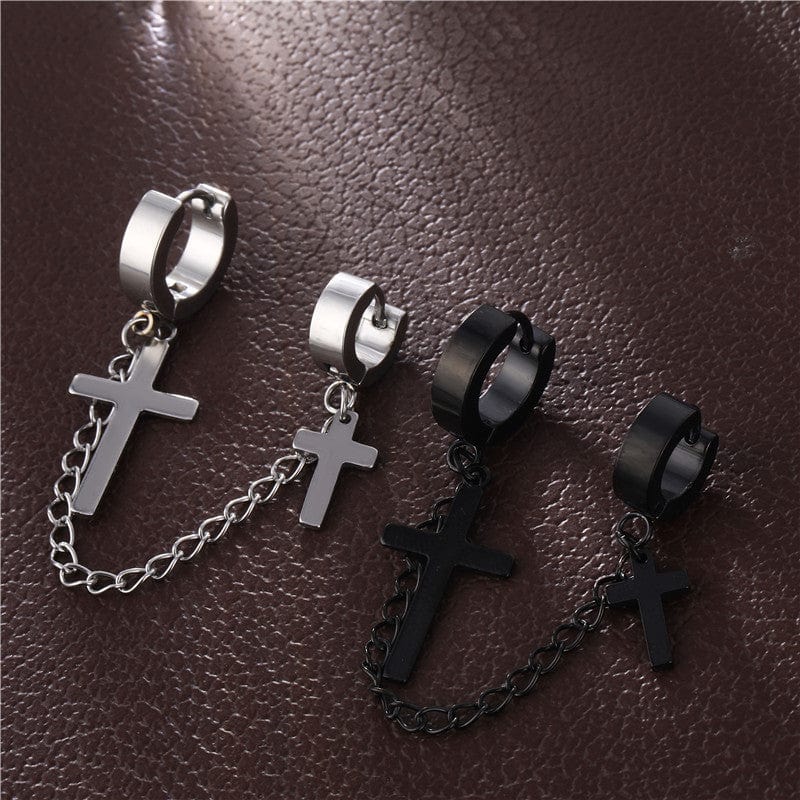 Duo de boucles d'oreilles croix et chaîne – Modèles noir et argent en acier