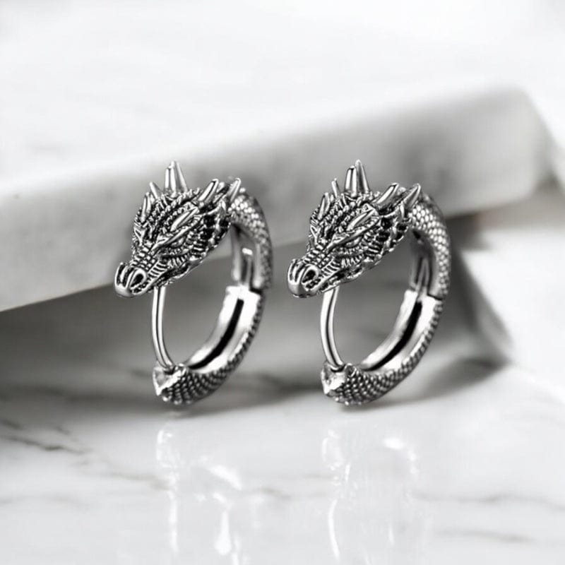Boucles d’oreilles dragon argentées pour homme, posées sur fond