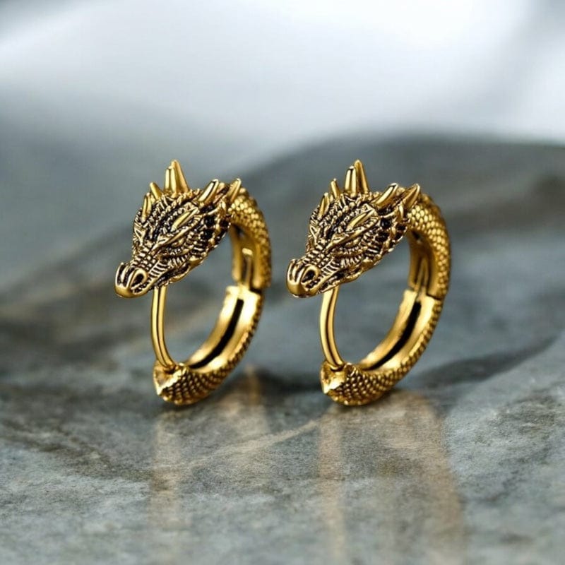Paire de boucles d’oreilles dragon dorées en acier inoxydable pour homme