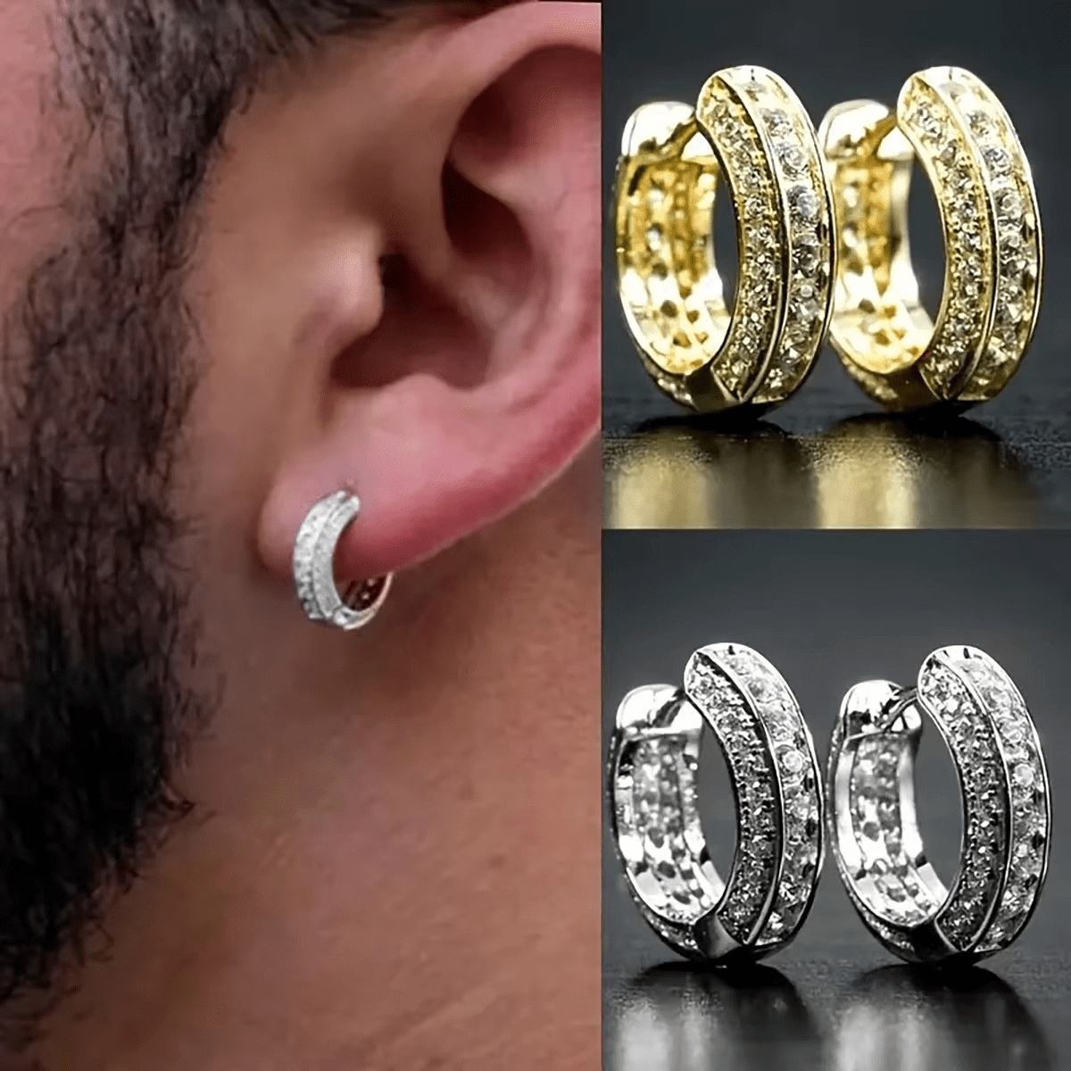 Homme portant une boucle d’oreille créole argentée effet diamant, avec une vue sur les versions dorées et argentées en arrière-plan.