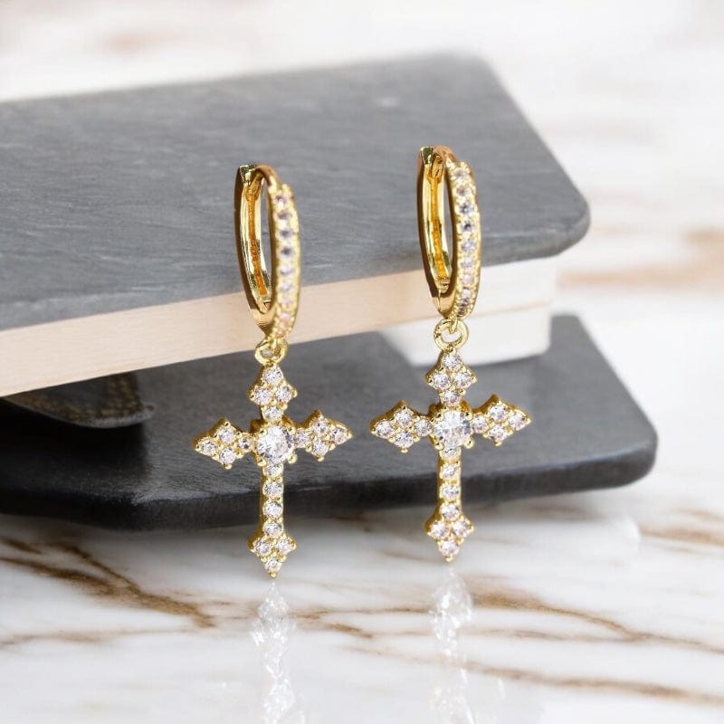 Boucles d’Oreilles Pendantes pour Homme Croix Dorée