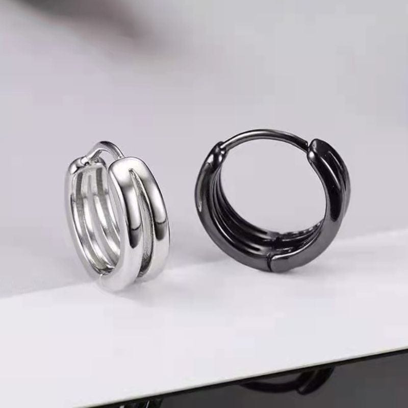 Boucles d’oreilles anneau double pour homme, design moderne en noir et argent avec fermoir clic