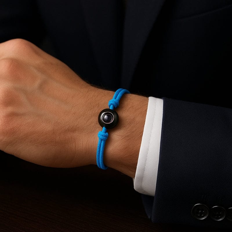 Bracelet Photo Bleu pour homme en corde. Personnalisation photo gratuite