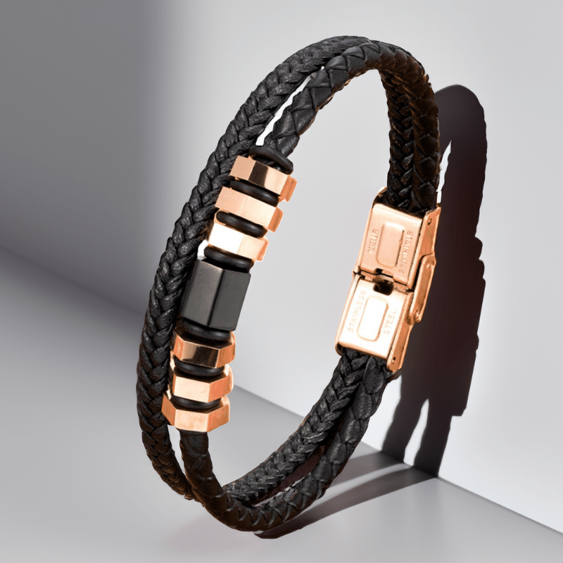 Bracelet en cuir tressé fin or rose