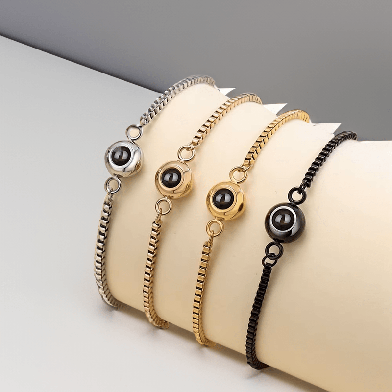 Bracelet personnalisable projection photo or or rose argent noir