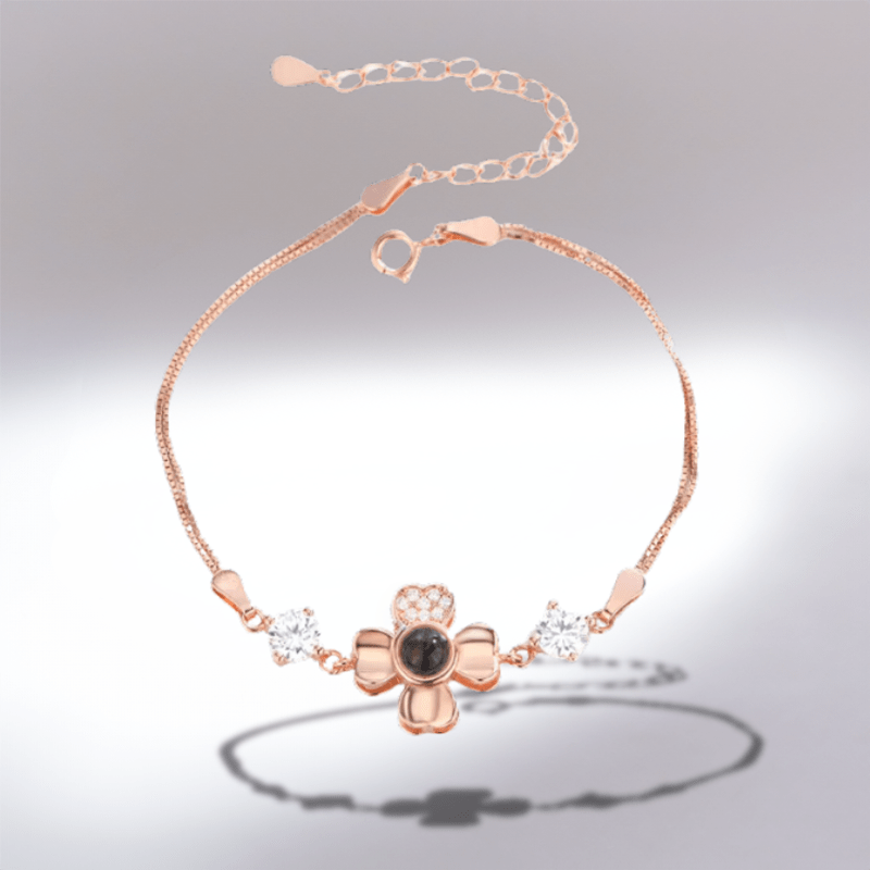 Bracelet photo personnalisé fleur en argent or rose