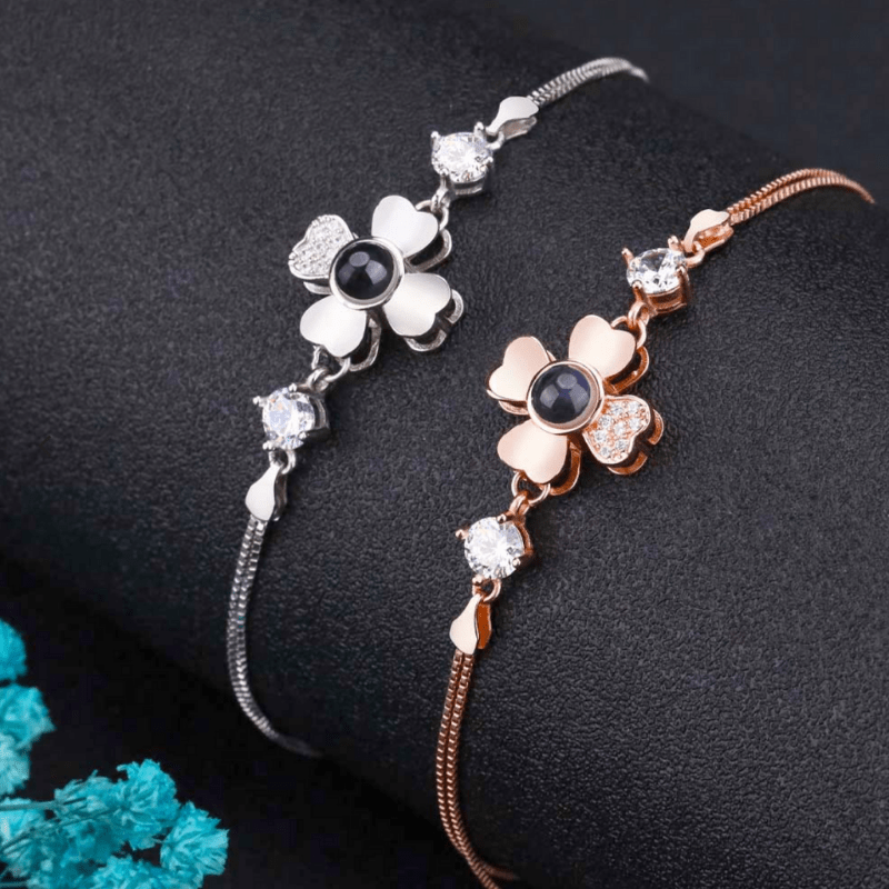 Bracelet photo personnalisé fleur en argent or rose et argent