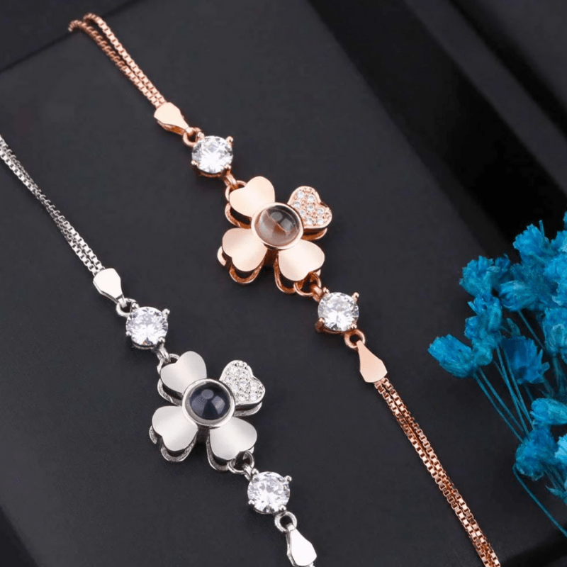 Bracelet photo personnalisé fleur en argent or rose et argent posés