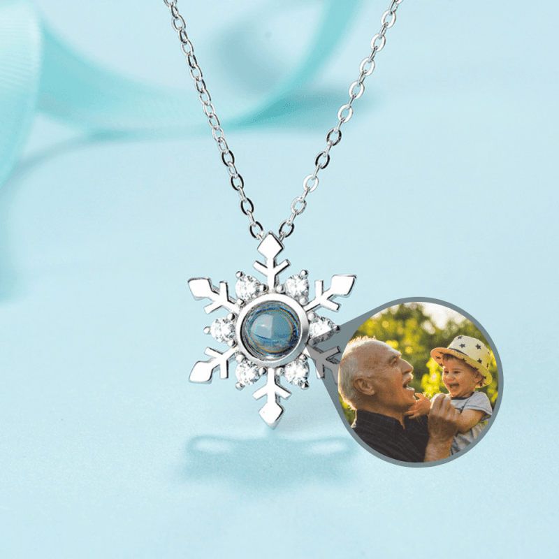 Collier Personnalisé Photo - Flocon de Neige argent sur fond bleu