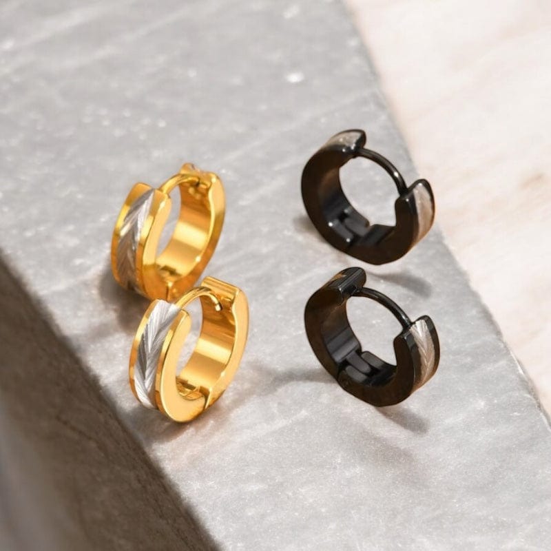 Ensemble de créoles homme en acier inoxydable avec motif plume, or et noir