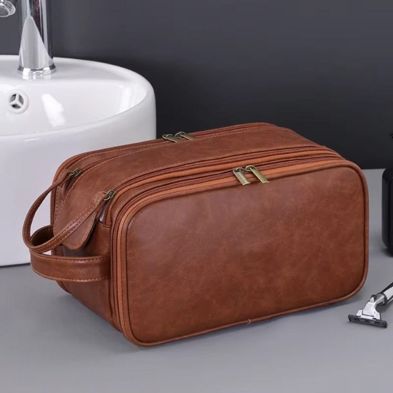 trousse de toilette homme cuir organisateur marron double compartiment premium