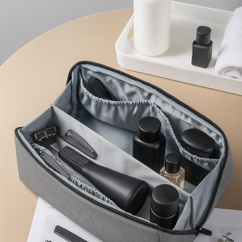 Trousse de toilette homme ouverte avec compartiments élastiques et produits de soin organisés