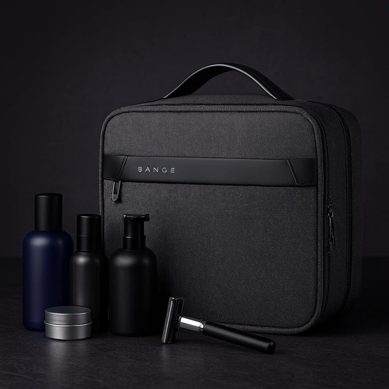grande trousse de toilette homme grise en tissu Oxford avec accessoires de rasage
