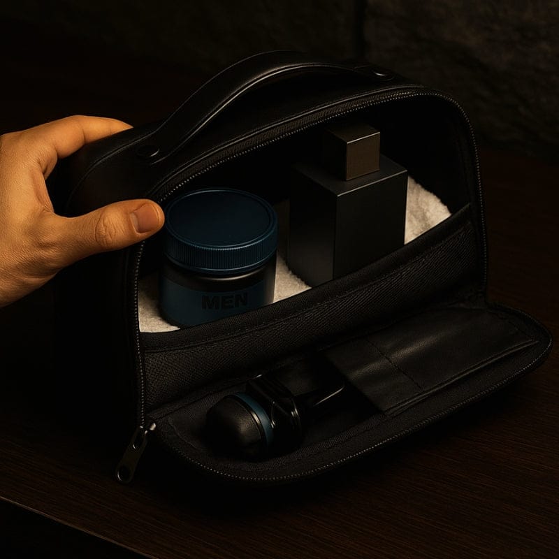 grande trousse de toilette rigide noire pour homme avec rangement intérieur optimisé