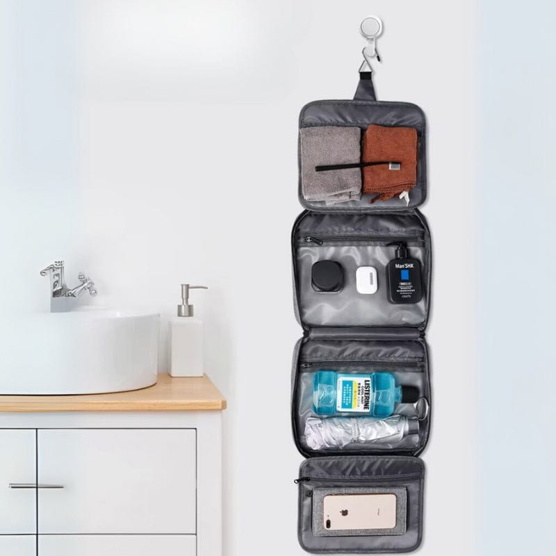 grande trousse de toilette homme suspendue avec compartiments multiples organisés