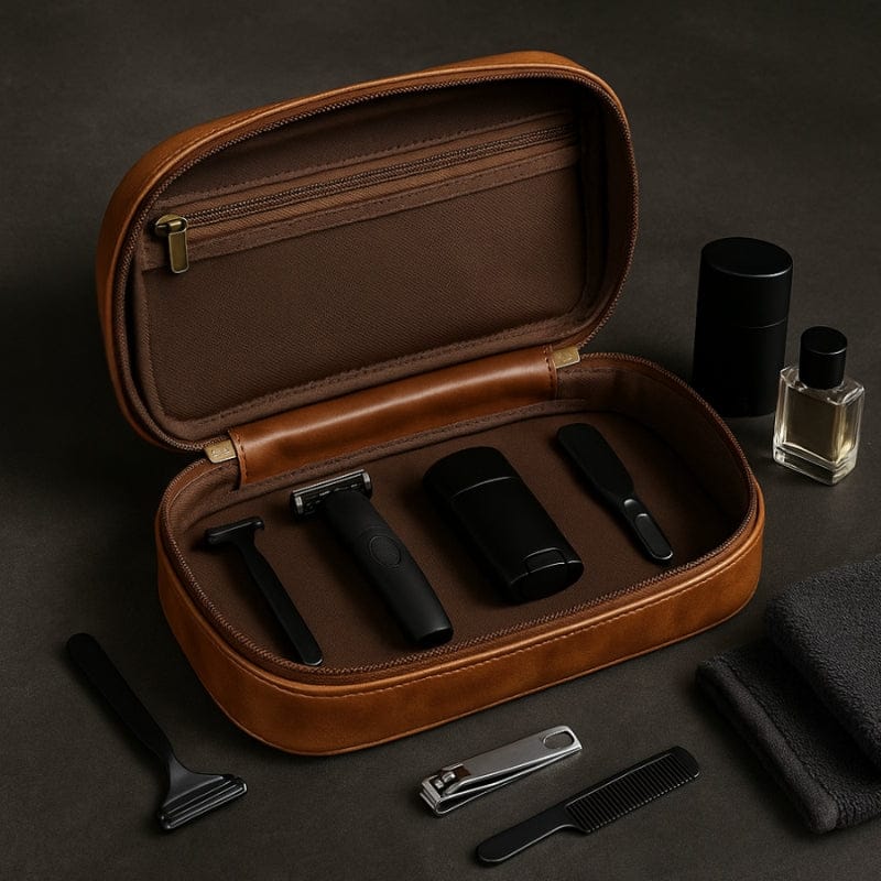 Intérieur d’une grande trousse de toilette pour homme avec compartiments organisés et accessoires de rasage