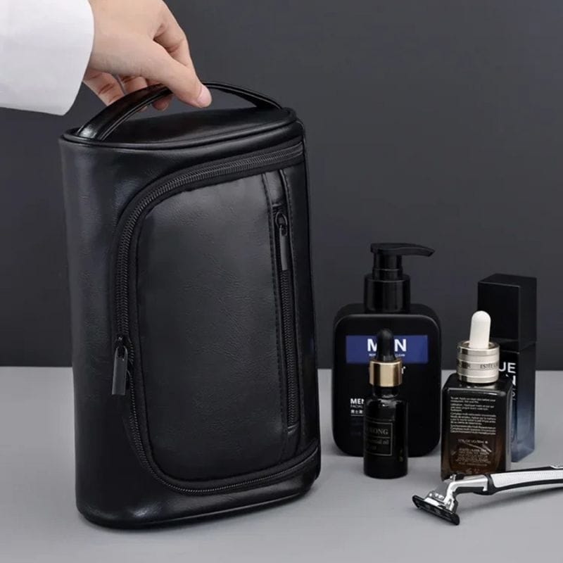 trousse de toilette homme cuir rigide noire avec poignée de transport