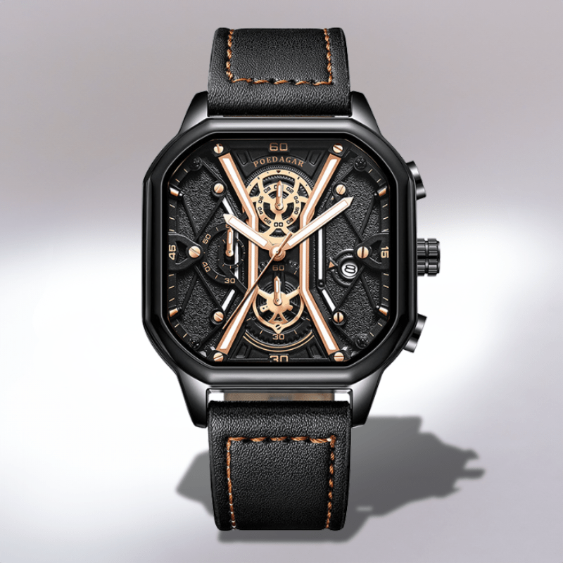 Montre Carré Luxe noir et or cuir