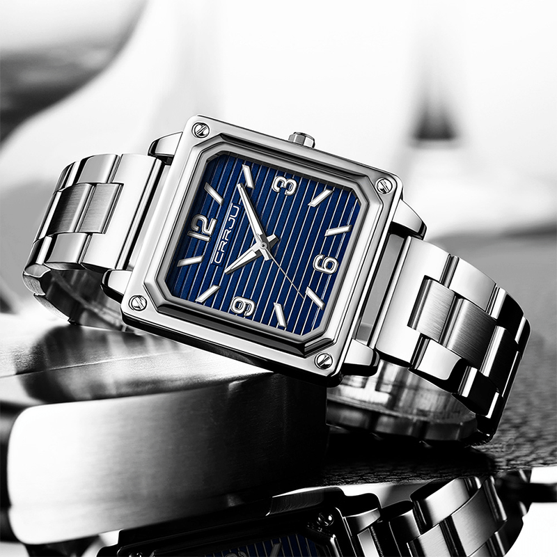 Montre Carré en Acier pour Homme argent bleu