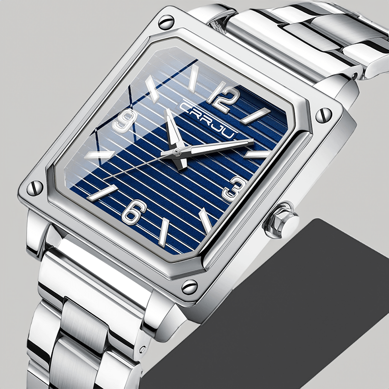 Montre Carré en Acier pour Homme argent bleu sur fond gris