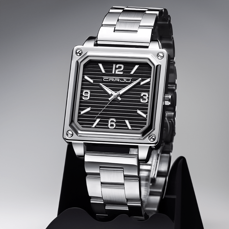 Montre Carré en Acier pour Homme argent noir