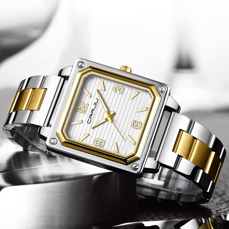 Montre Carré en Acier pour Homme or blanc posée