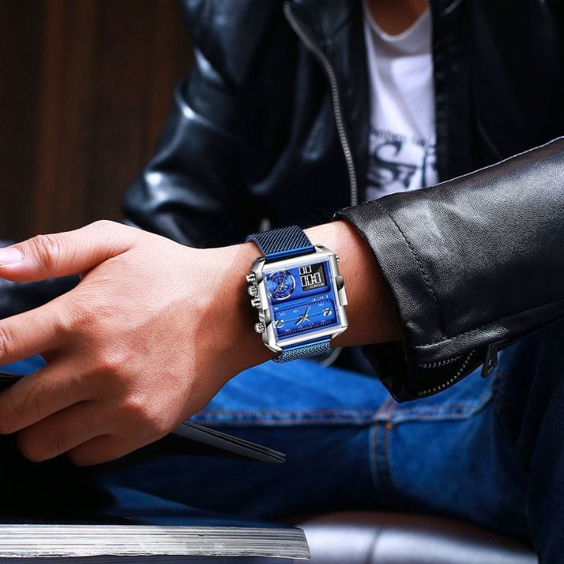 Montre Carrée Militaire en Acier bleu portée