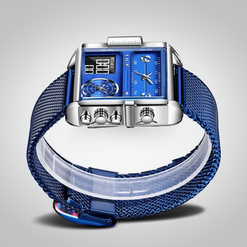 Montre Carrée Militaire en Acier bleu sur fond gris