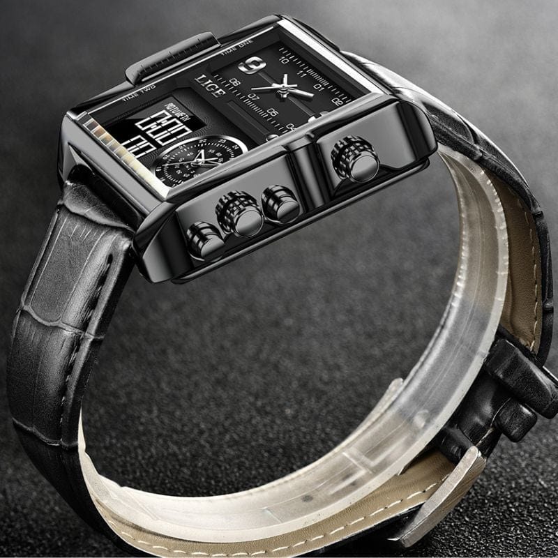 Montre Carrée Militaire en Acier noir cuir