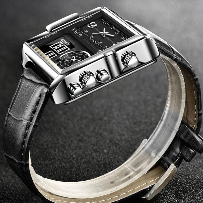 Montre Carrée Militaire en Acier noir cuir et argent