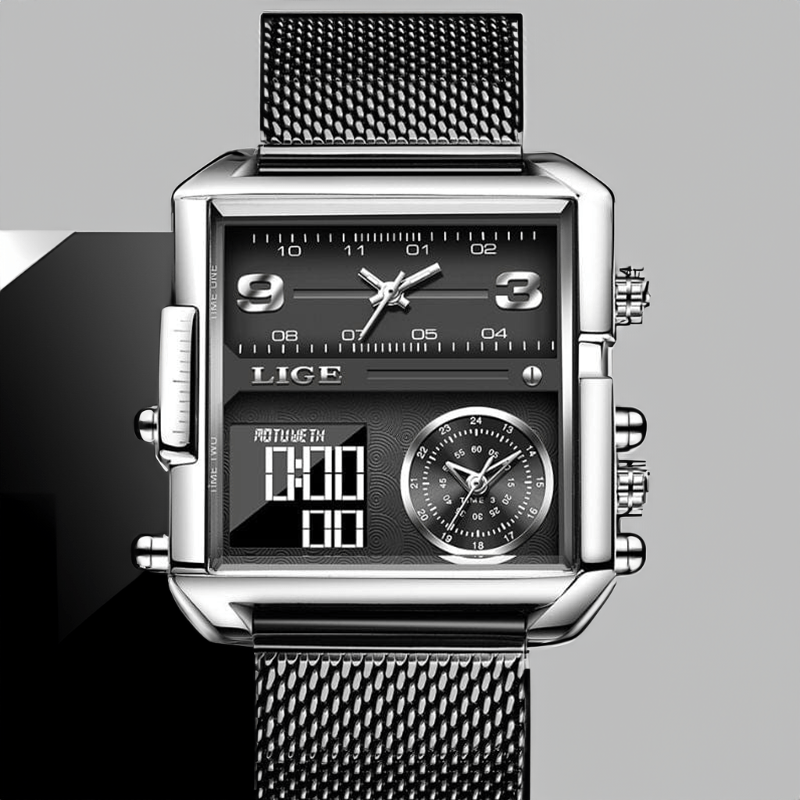 Montre Carrée Militaire en Acier noir et argent