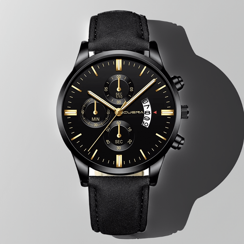 Montre Chronographe Bracelet Cuir noir et or sur fond gris