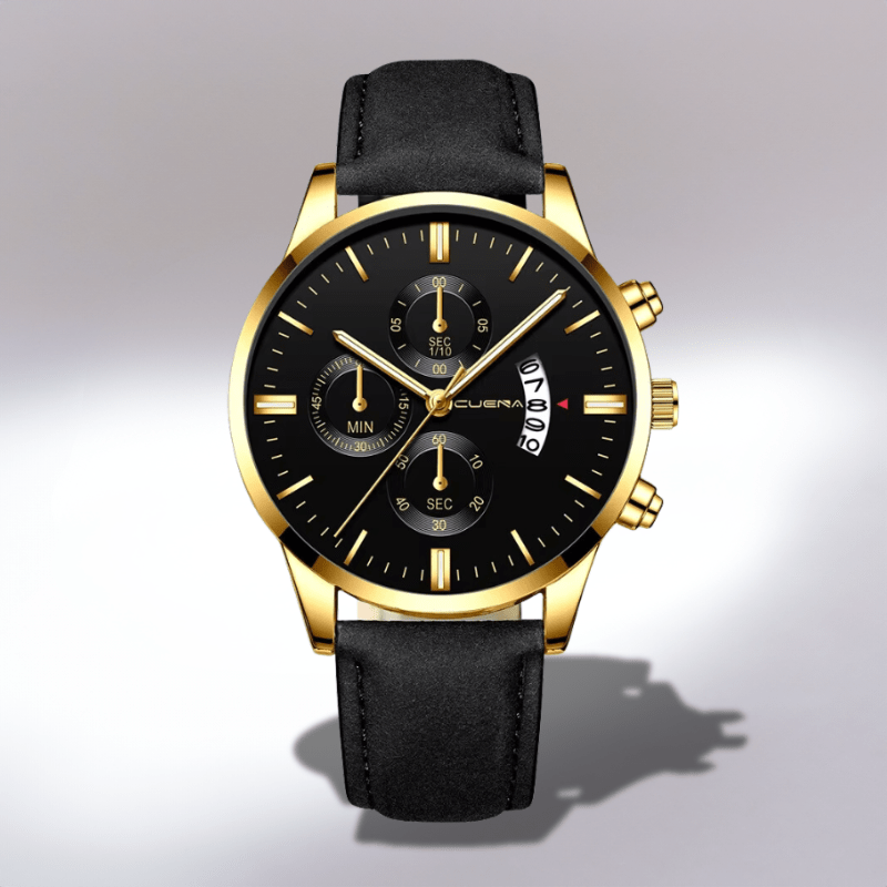 Montre Chronographe Bracelet Cuir or et noir