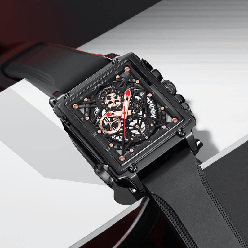 Montre Chronographe Squelette Carrée noir sur présentoir