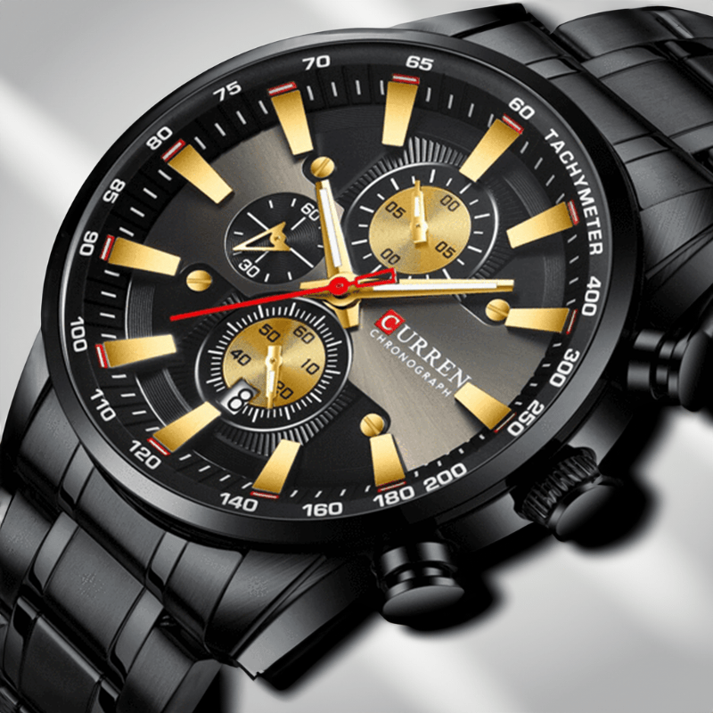 Montre Quartz Luxe Bracelet Acier noir et or