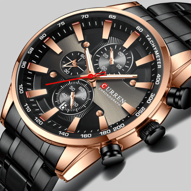 Montre Quartz Luxe Bracelet Acier or rose noir