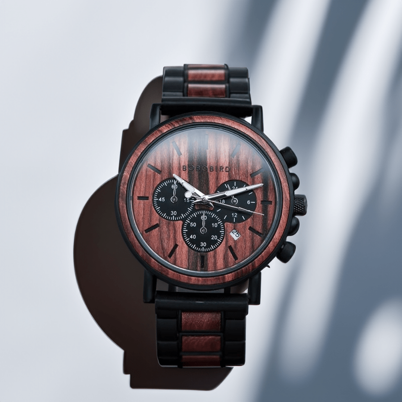 Montre Quartz en Bois bois rouge sur fond gris