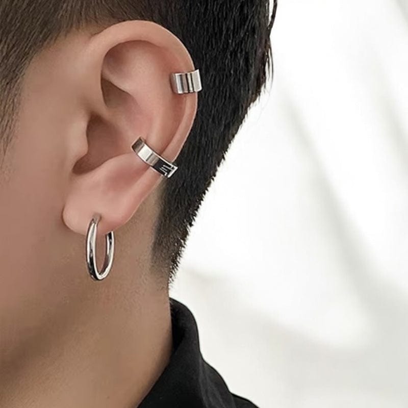Set de boucles d'oreilles sans trou pour homme, composé de deux ear cuffs et d'un anneau clip argenté