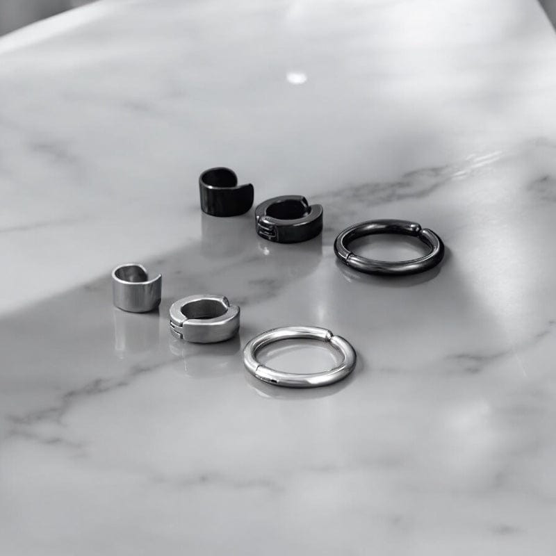 Ensemble de boucles d'oreilles clips pour homme en noir et argent, idéal pour un style moderne sans piercing