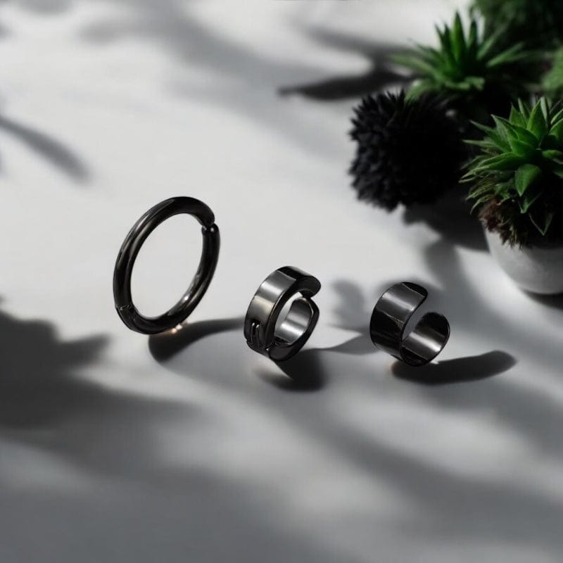 Trio de boucles d'oreilles sans trou noires pour homme, avec ear cuffs et anneau à charnière