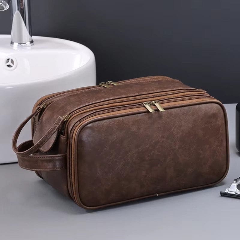 trousse de toilette homme cuir organisateur marron vintage finitions bronze