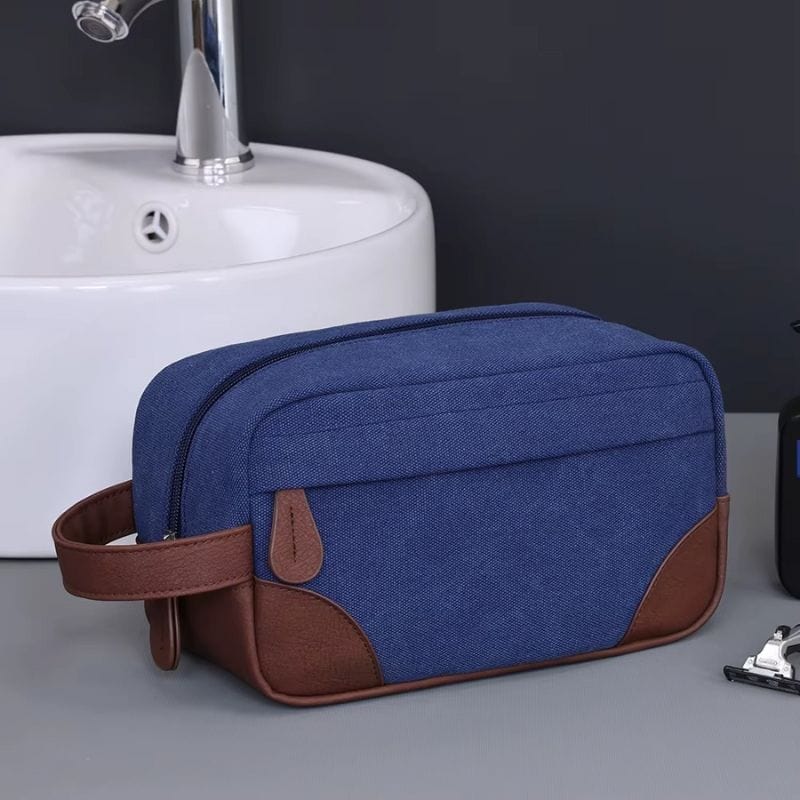 Trousse de toilette homme cuir voyage bleue marine finitions cuir