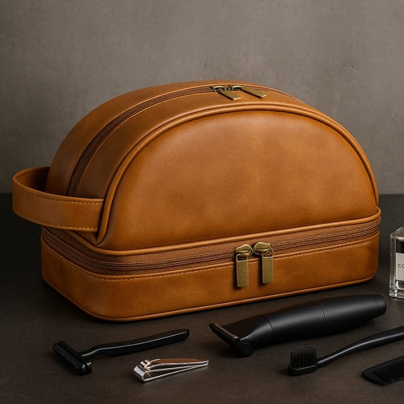 Grande trousse de toilette homme en cuir camel