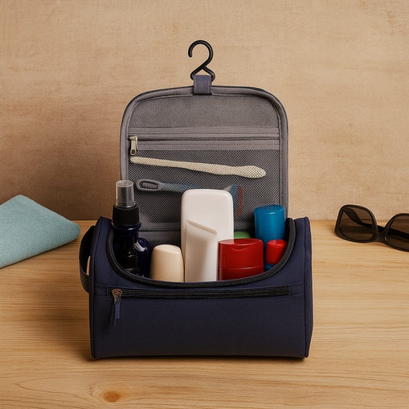 grande trousse de toilette homme suspendue avec produits organisés