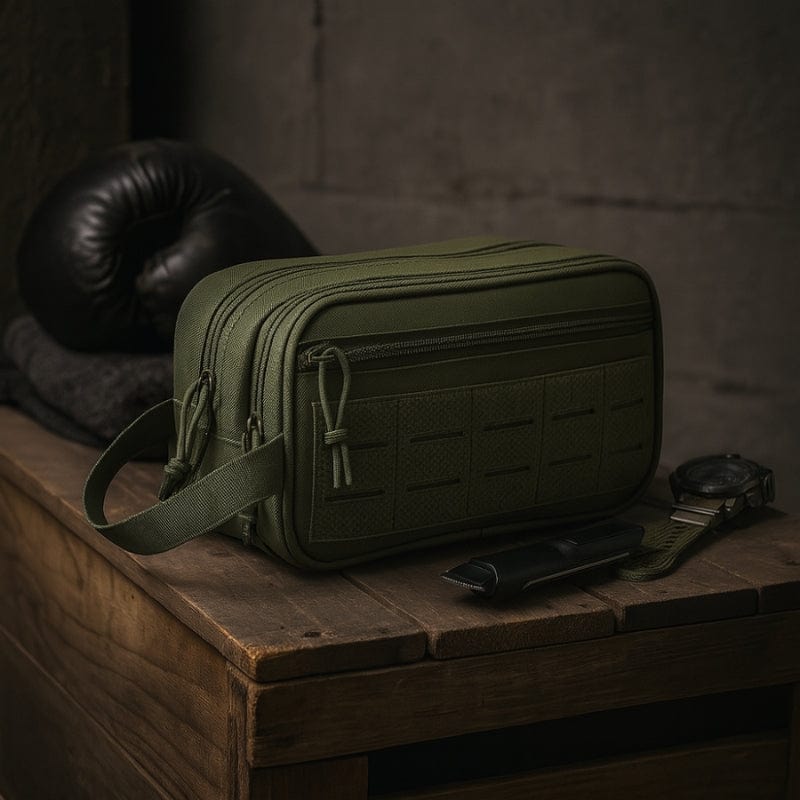 Trousse de toilette homme verte robuste et élégante pour déplacements