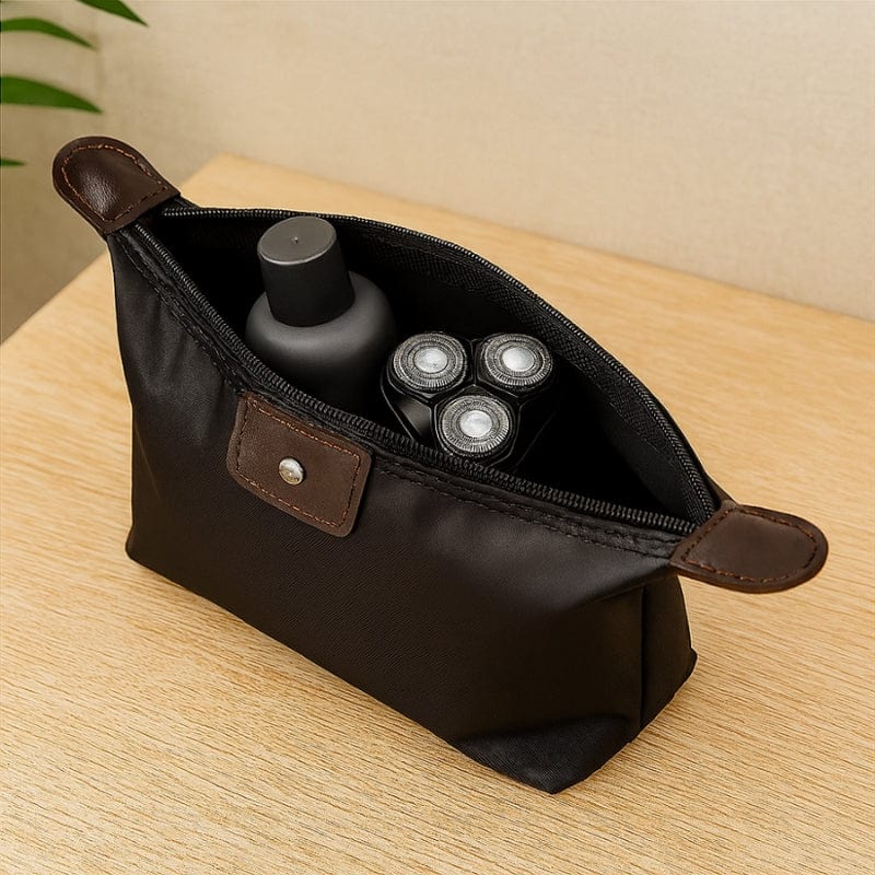 Trousse de toilette pour homme noire, compacte, avec rangement pour rasoir et flacon