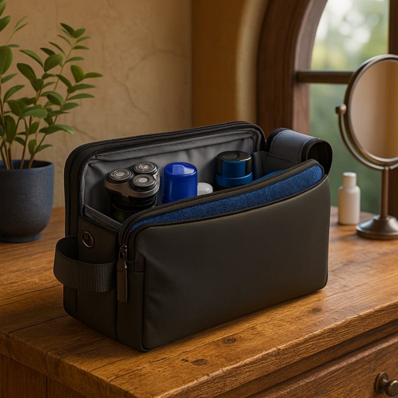 Trousse de toilette homme ouverte avec flacons et rasoirs, organisation optimisée